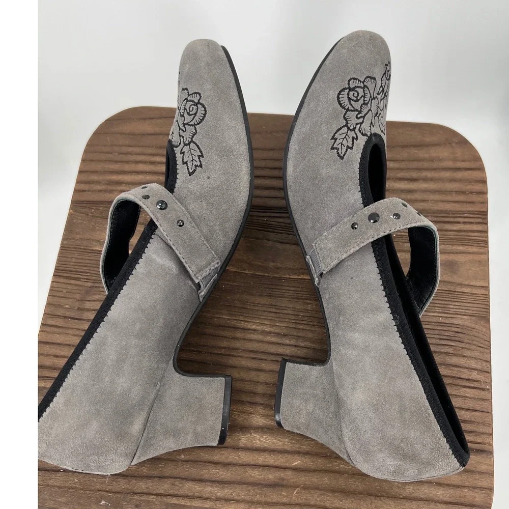 Hotter Grey Suede Floral Embroidered Mary Jane Studded Strap‎ Comfort Heels 7.5